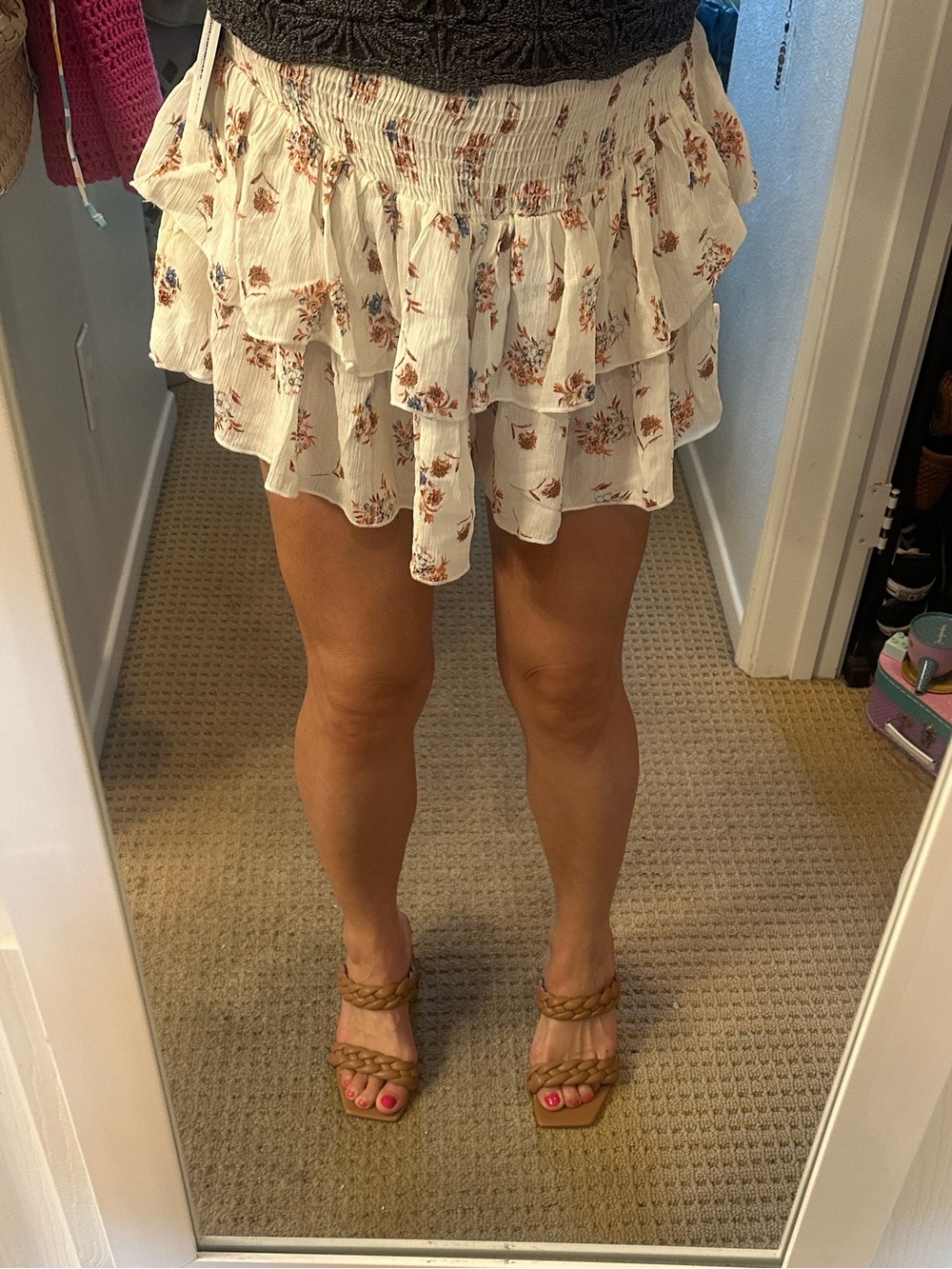 Floral Smocked Ruffle Skort Ivory NWT Tiered Mini Skirt Shorts Small